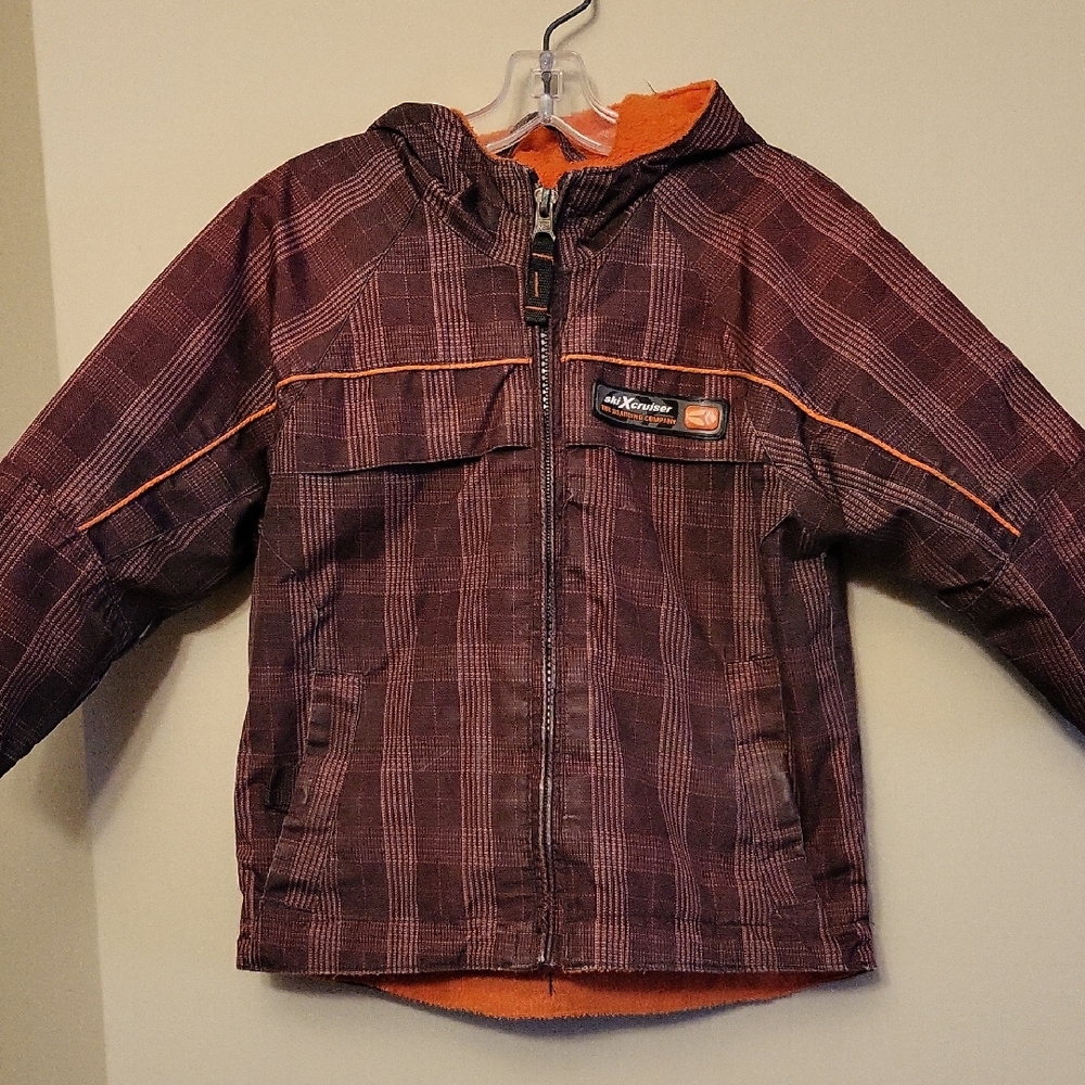 Plaid hooded jacket with orange accents